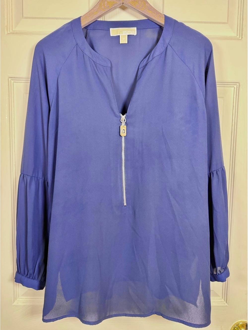 Michael Kors Navy Blue Long Sleeve Sheer Blouse with Zip Detail Size M